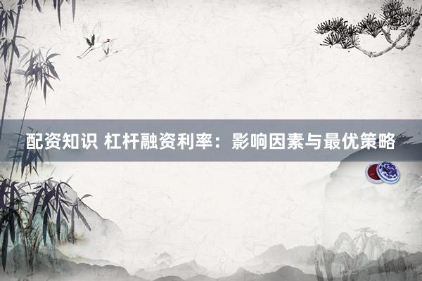 配资知识 杠杆融资利率：影响因素与最优策略
